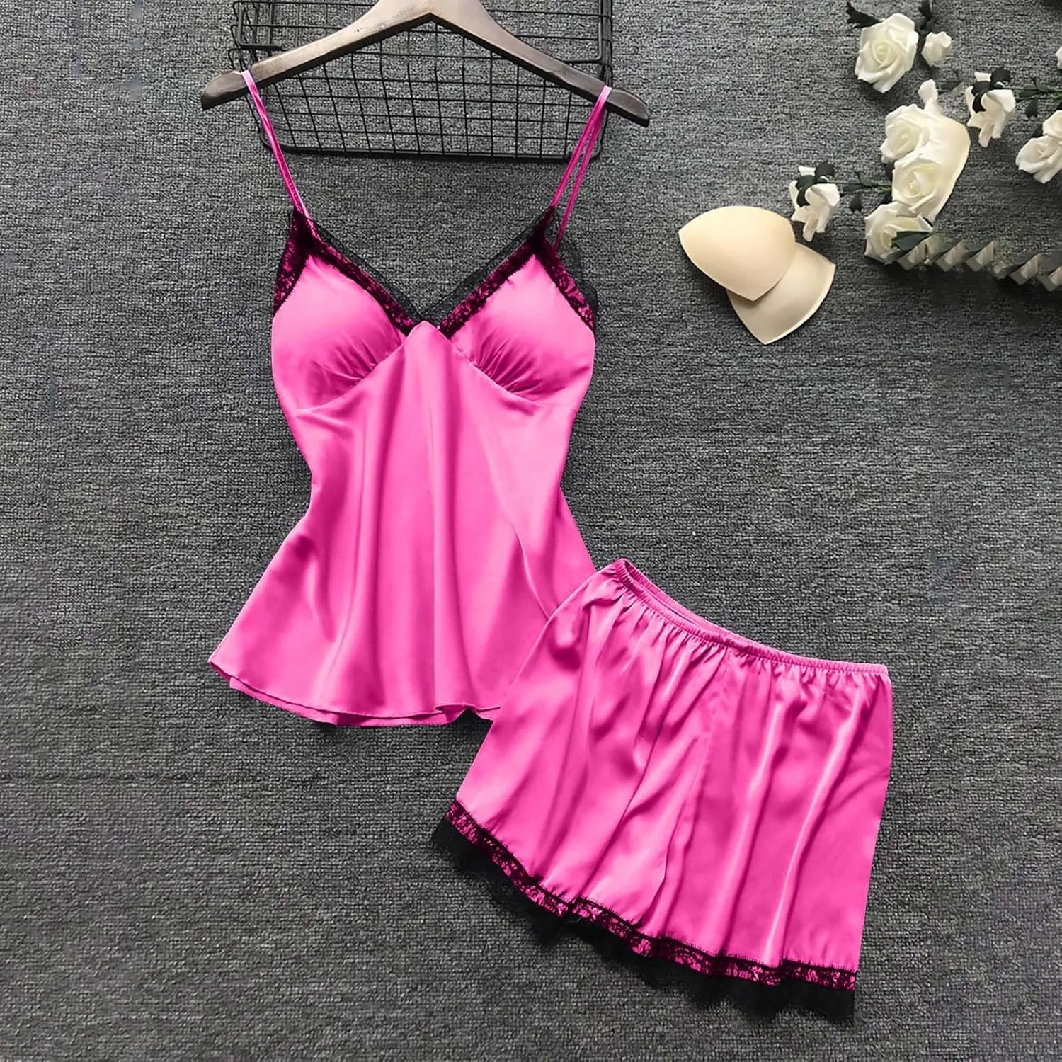 Women's 4PCS Pajamas Set Silk Lace Sleepwear Robe Suspender Dress Nightdress Camisole Nightwear Shorts Soft Nightgown