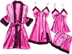 Women's 4PCS Pajamas Set Silk Lace Sleepwear Robe Suspender Dress Nightdress Camisole Nightwear Shorts Soft Nightgown