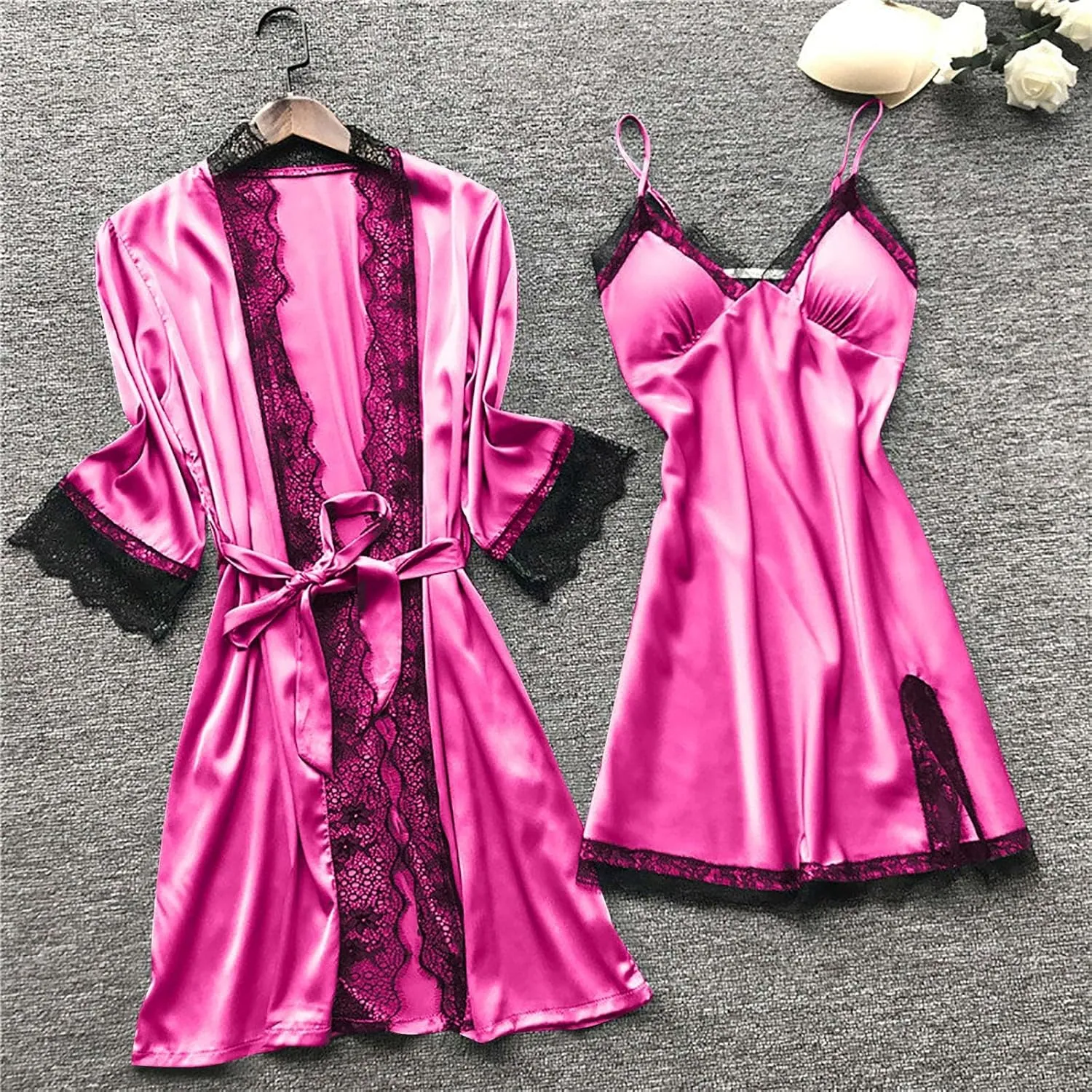Women's 4PCS Pajamas Set Silk Lace Sleepwear Robe Suspender Dress Nightdress Camisole Nightwear Shorts Soft Nightgown