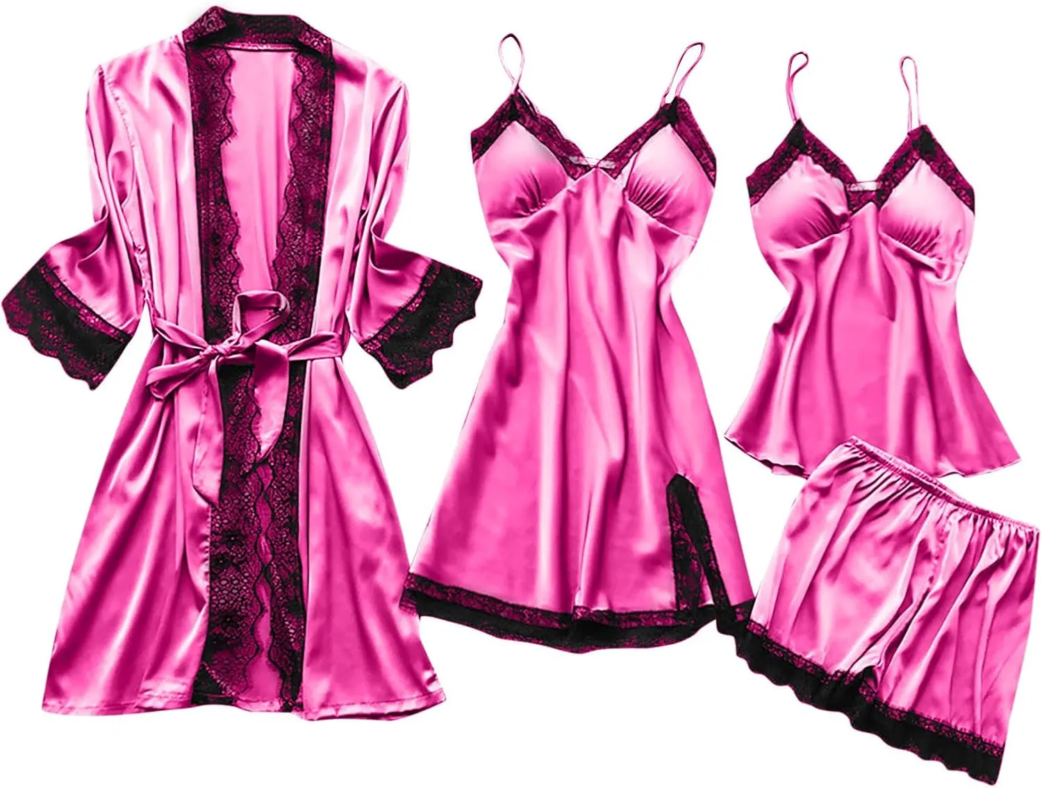 Women's 4PCS Pajamas Set Silk Lace Sleepwear Robe Suspender Dress Nightdress Camisole Nightwear Shorts Soft Nightgown