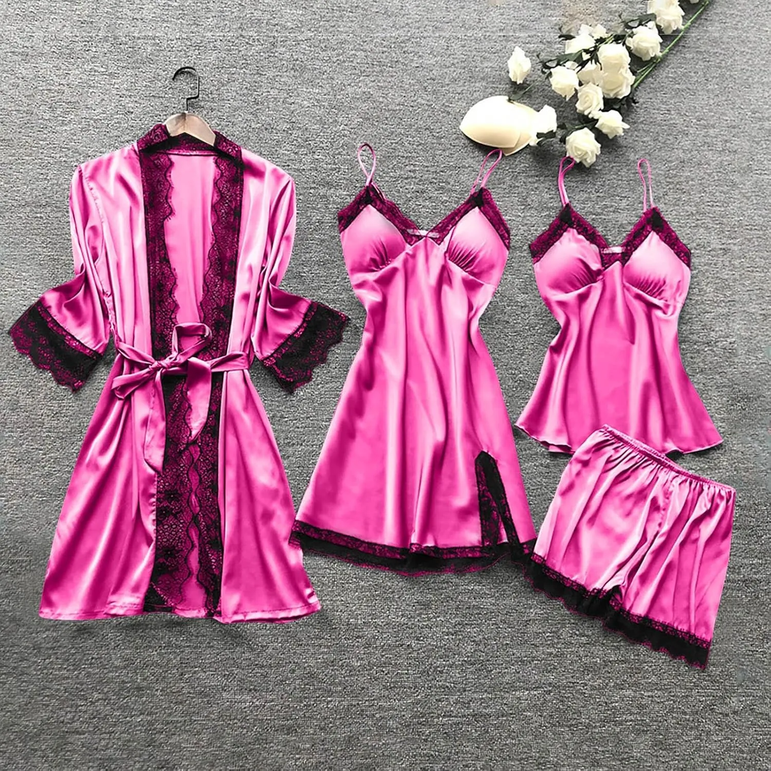 Women's 4PCS Pajamas Set Silk Lace Sleepwear Robe Suspender Dress Nightdress Camisole Nightwear Shorts Soft Nightgown