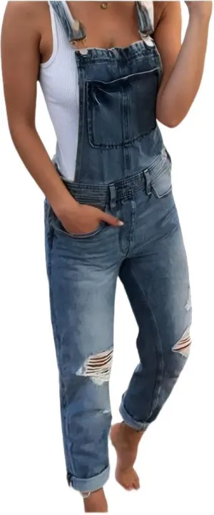 Women's Casual Adjustable Denim Bib Overalls Casual Straps Pockets Ripped Jeans Rompers Loose Fit Harem Denim Pants