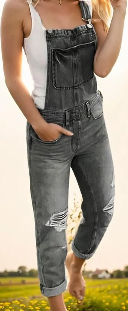 Women's Casual Adjustable Denim Bib Overalls Casual Straps Pockets Ripped Jeans Rompers Loose Fit Harem Denim Pants