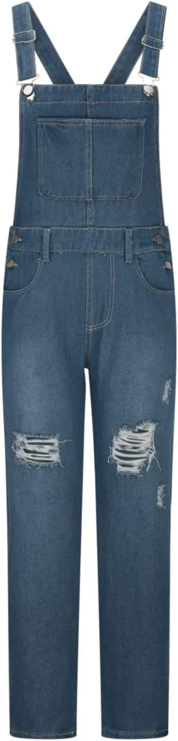 Women's Casual Adjustable Denim Bib Overalls Casual Straps Pockets Ripped Jeans Rompers Loose Fit Harem Denim Pants