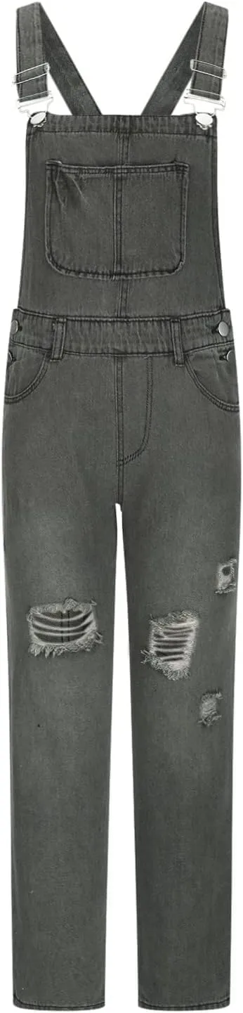 Women's Casual Adjustable Denim Bib Overalls Casual Straps Pockets Ripped Jeans Rompers Loose Fit Harem Denim Pants