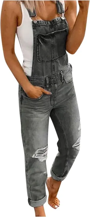 Women's Casual Adjustable Denim Bib Overalls Casual Straps Pockets Ripped Jeans Rompers Loose Fit Harem Denim Pants