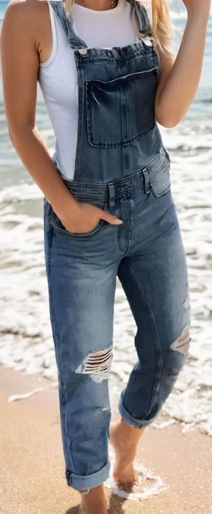 Women's Casual Adjustable Denim Bib Overalls Casual Straps Pockets Ripped Jeans Rompers Loose Fit Harem Denim Pants