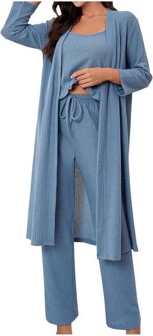Womens Casual Pajama Set Soft Slouchy 3 Piece Lounge Set Loose Fit Crop Cami Top Pants Pjs With Robe Sleepwear