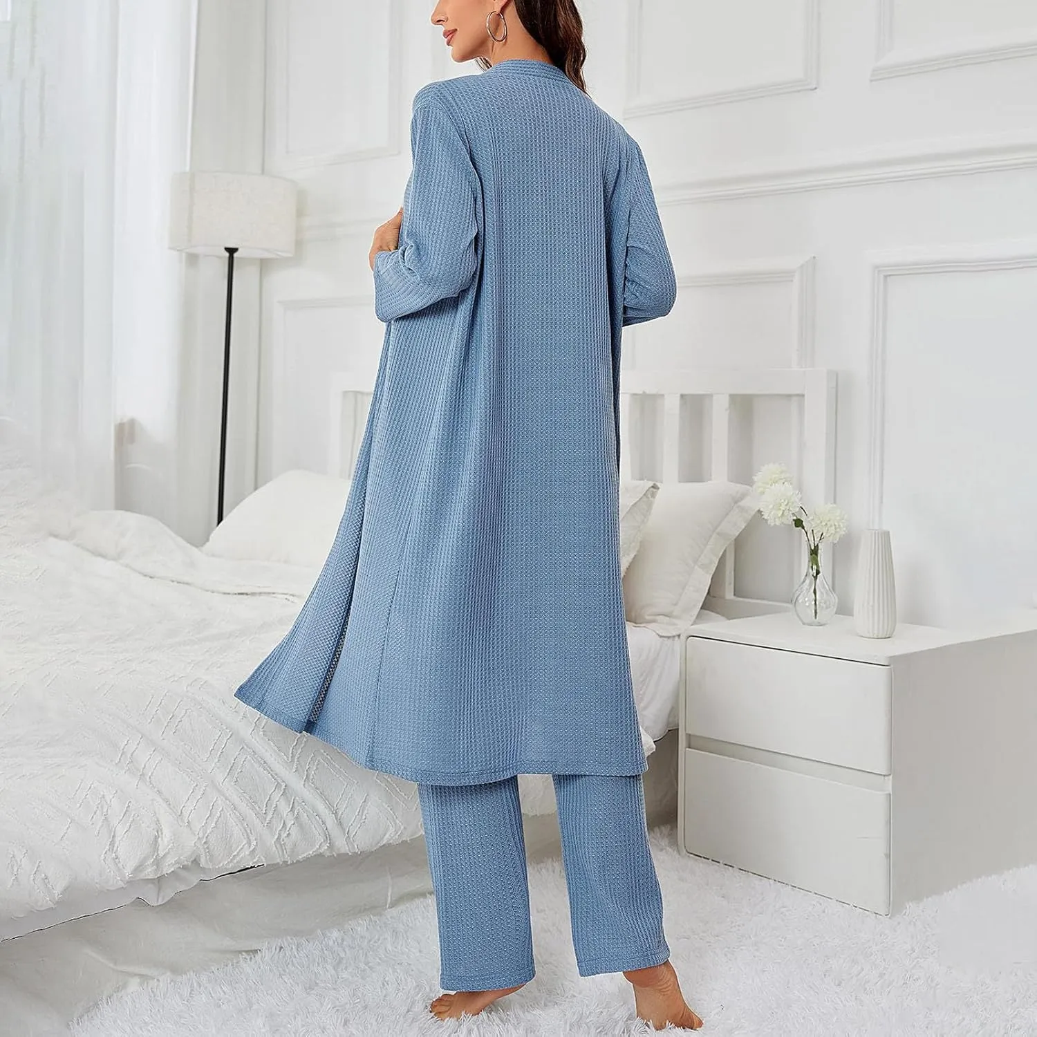Womens Casual Pajama Set Soft Slouchy 3 Piece Lounge Set Loose Fit Crop Cami Top Pants Pjs With Robe Sleepwear