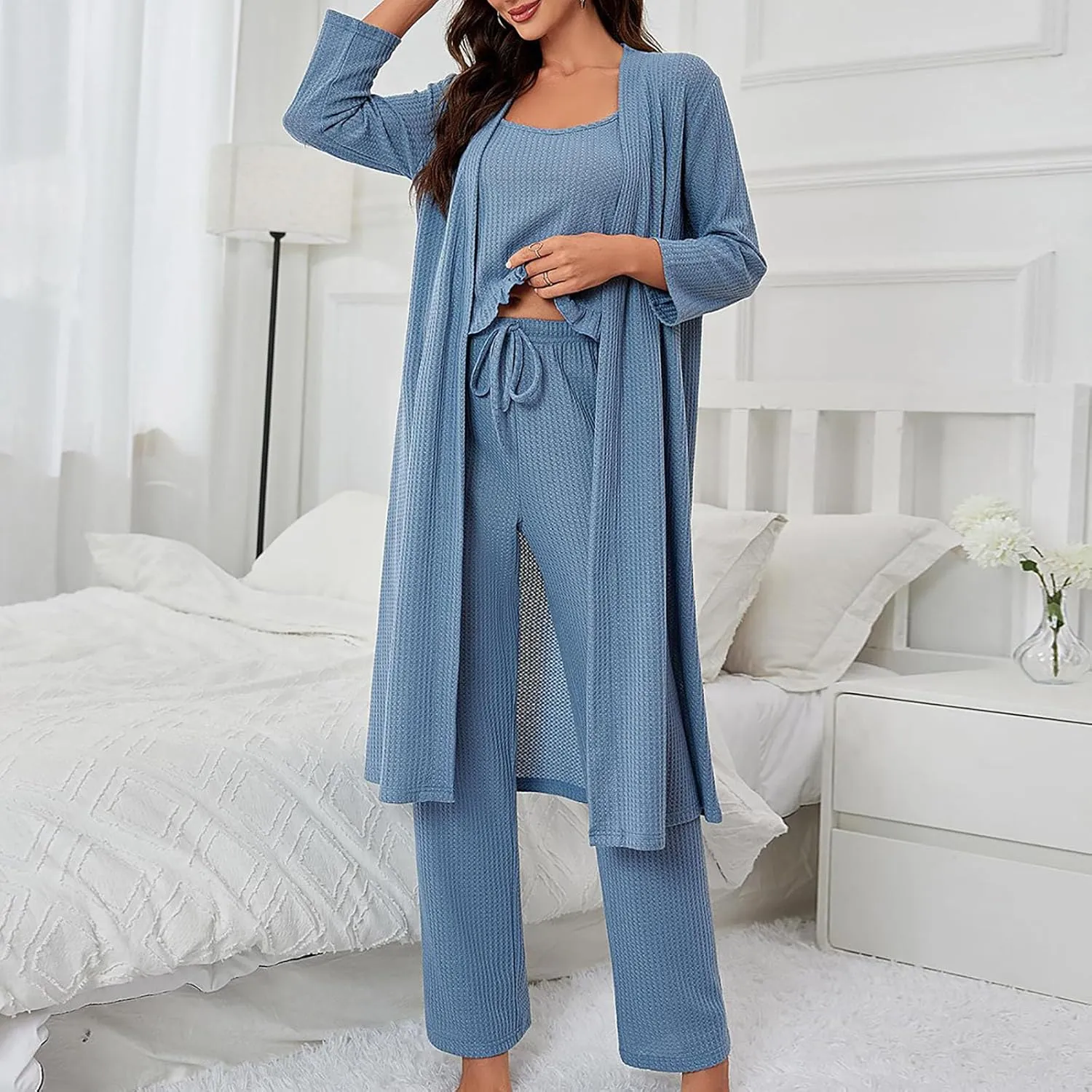 Womens Casual Pajama Set Soft Slouchy 3 Piece Lounge Set Loose Fit Crop Cami Top Pants Pjs With Robe Sleepwear