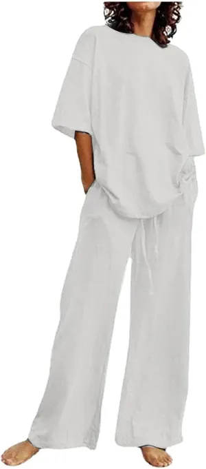 Women's Casual Two-Piece Suit Cotton Linen Short Sleeve Solid Color Shirts Loose Fit Long Trousers Summer Sets