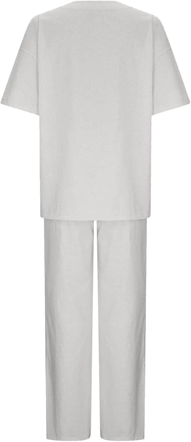 Women's Casual Two-Piece Suit Cotton Linen Short Sleeve Solid Color Shirts Loose Fit Long Trousers Summer Sets
