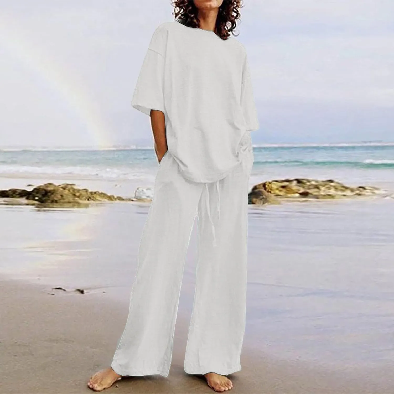 Women's Casual Two-Piece Suit Cotton Linen Short Sleeve Solid Color Shirts Loose Fit Long Trousers Summer Sets