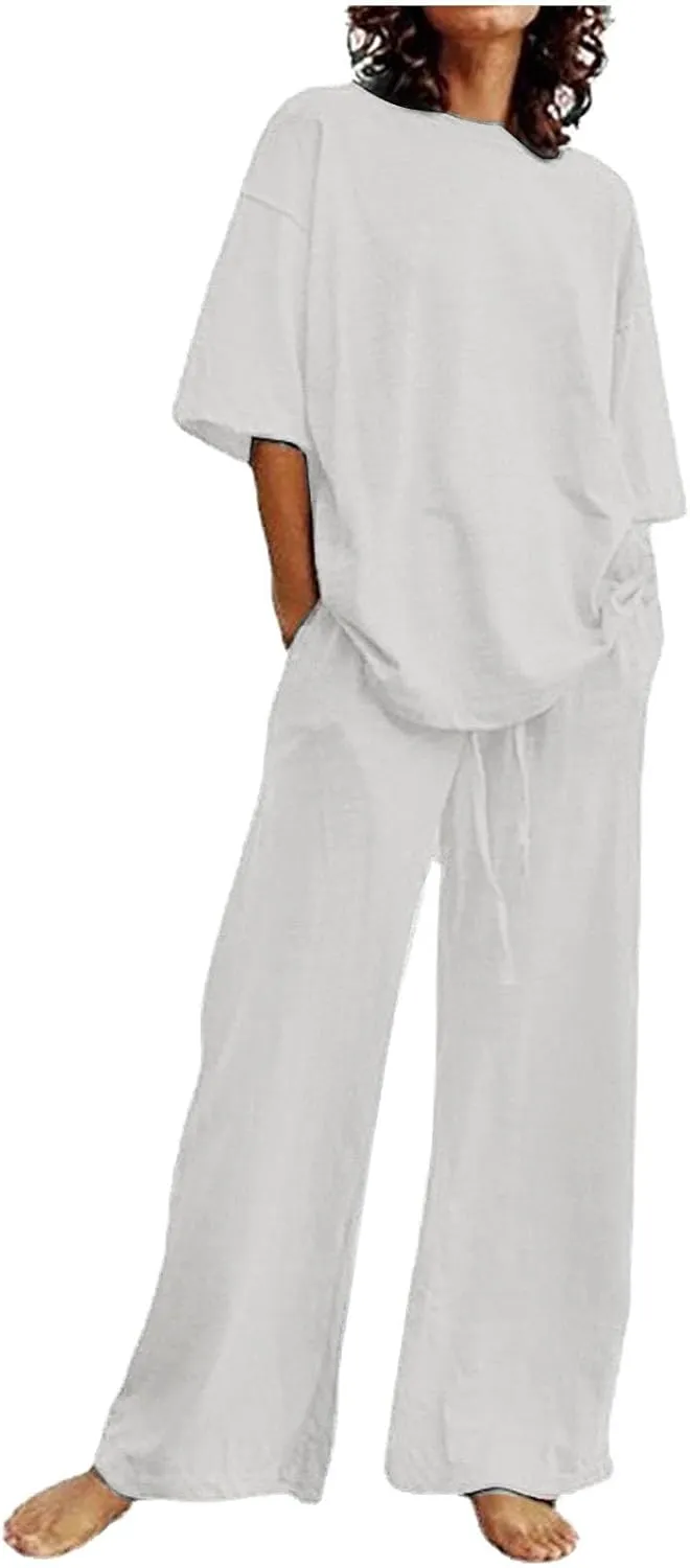 Women's Casual Two-Piece Suit Cotton Linen Short Sleeve Solid Color Shirts Loose Fit Long Trousers Summer Sets