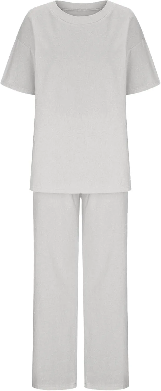 Women's Casual Two-Piece Suit Cotton Linen Short Sleeve Solid Color Shirts Loose Fit Long Trousers Summer Sets