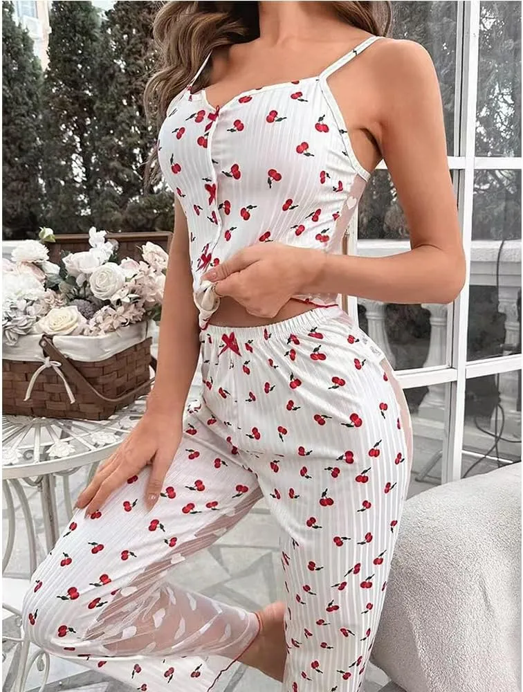Women's Cute Pajama Set Sexy Lingerie Print Sleepwear Cami Top and Long Lounge Pajama Set