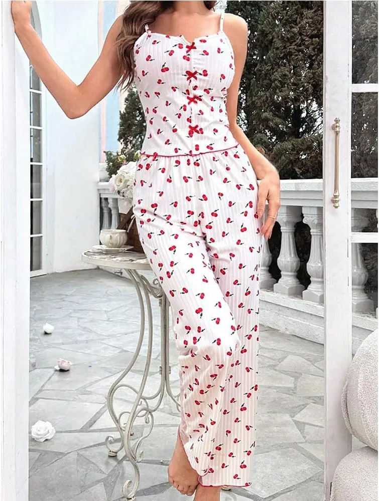 Women's Cute Pajama Set Sexy Lingerie Print Sleepwear Cami Top and Long Lounge Pajama Set