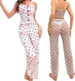 Women's Cute Pajama Set Sexy Lingerie Print Sleepwear Cami Top and Long Lounge Pajama Set