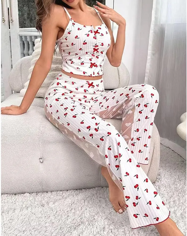 Women's Cute Pajama Set Sexy Lingerie Print Sleepwear Cami Top and Long Lounge Pajama Set