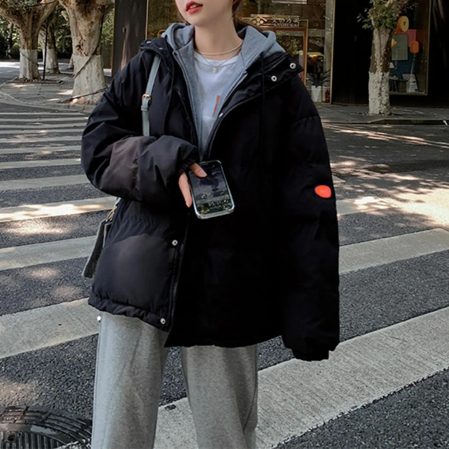 Womens Fake Two Piece Hooded Cotton Coats Winter Down Cotton Jacket Short Loose Solid Color Cotton Jacket