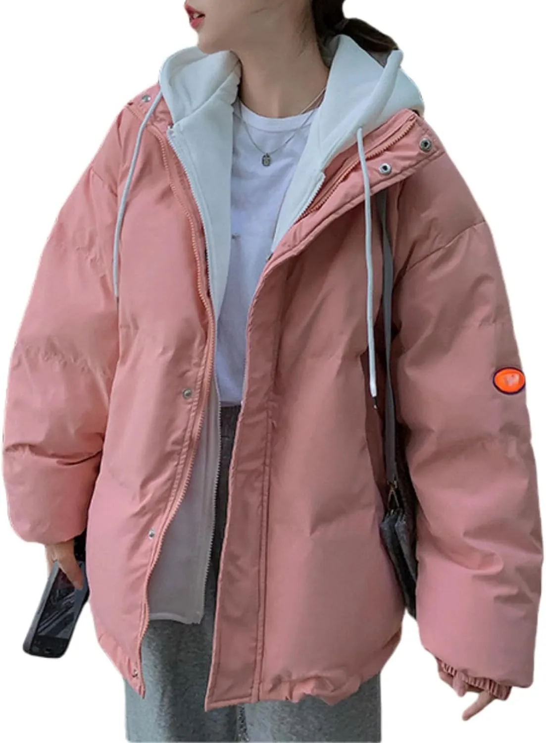 Womens Fake Two Piece Hooded Cotton Coats Winter Down Cotton Jacket Short Loose Solid Color Cotton Jacket