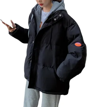 Womens Fake Two Piece Hooded Cotton Coats Winter Down Cotton Jacket Short Loose Solid Color Cotton Jacket