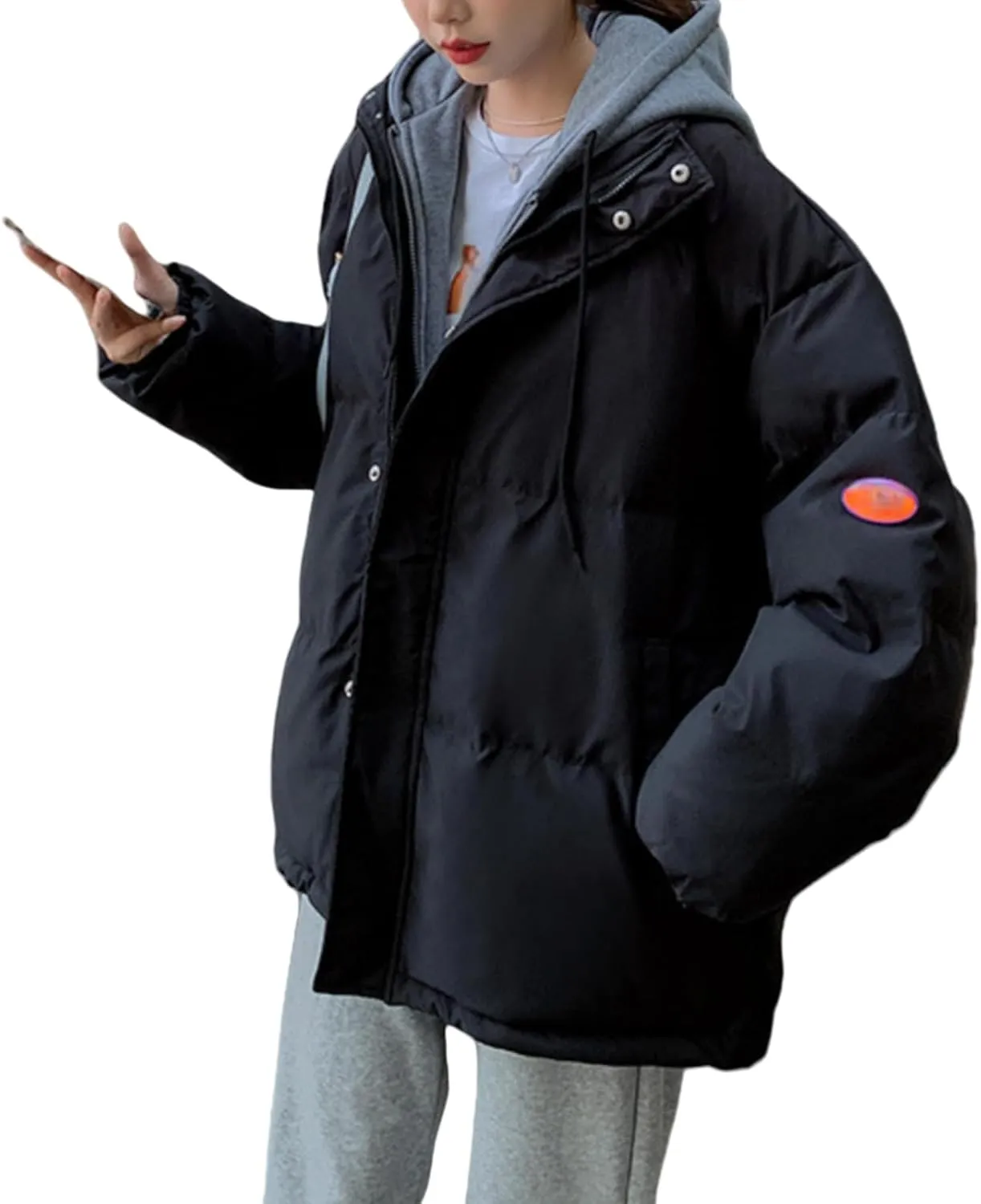 Womens Fake Two Piece Hooded Cotton Coats Winter Down Cotton Jacket Short Loose Solid Color Cotton Jacket