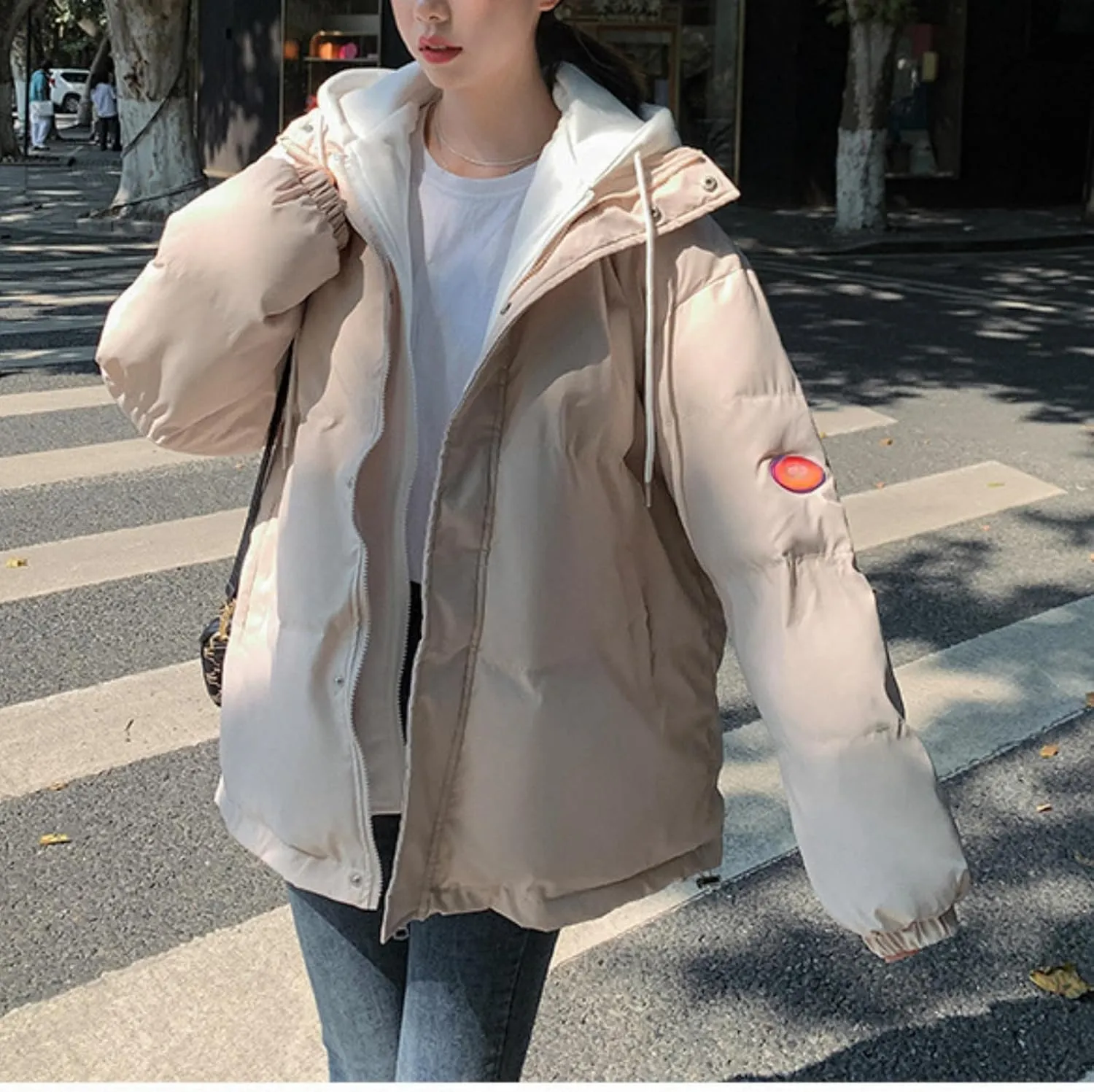Womens Fake Two Piece Hooded Cotton Coats Winter Down Cotton Jacket Short Loose Solid Color Cotton Jacket