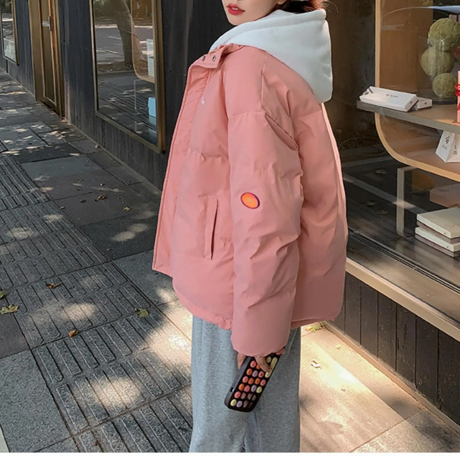 Womens Fake Two Piece Hooded Cotton Coats Winter Down Cotton Jacket Short Loose Solid Color Cotton Jacket