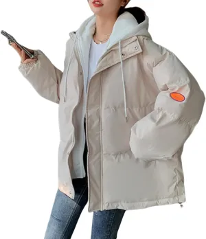 Womens Fake Two Piece Hooded Cotton Coats Winter Down Cotton Jacket Short Loose Solid Color Cotton Jacket