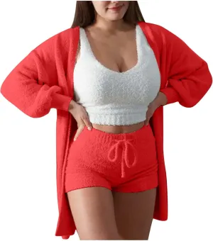 Women's Fuzzy 3 Piece Outfits Fleece Warm Hooded Robe Cardigan Crop Top Shorts Set Pajamas Cozy Loungewear Sets