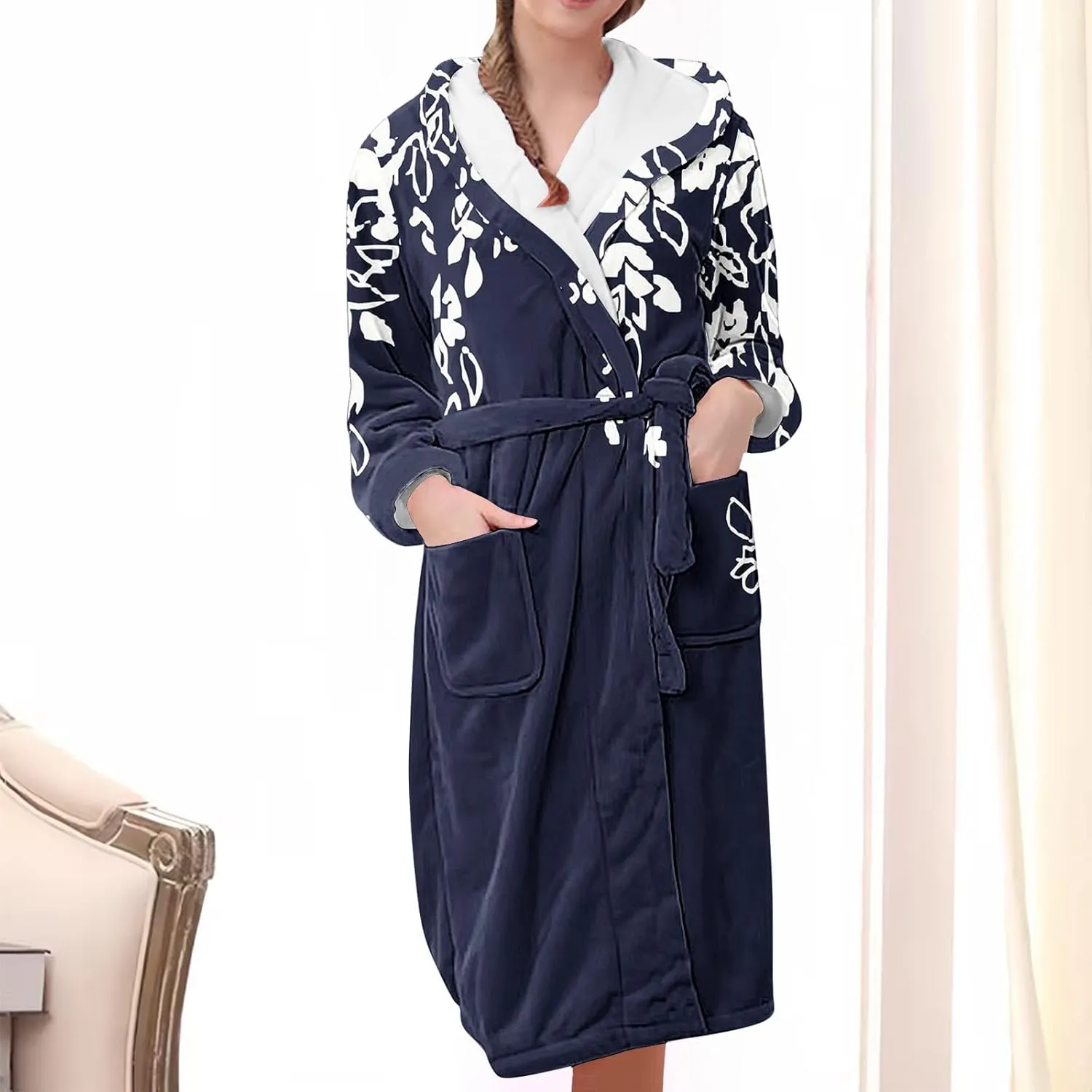 Womens Fuzzy Robes Plush Bathrobes Long Sleeve Hooded Warm Short Bath Robe Floral Print Fleece Sleep Robes Pockets