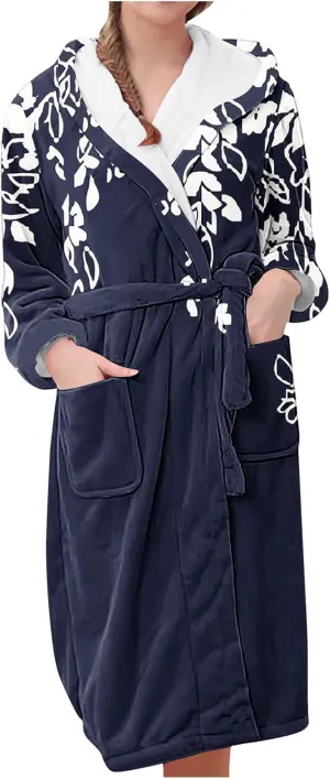 Womens Fuzzy Robes Plush Bathrobes Long Sleeve Hooded Warm Short Bath Robe Floral Print Fleece Sleep Robes Pockets