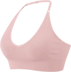 Women's Halterneck Sports Bra Backless Deep V Neck Sports Bustier Padded Sexy Gym Push Up Bra Backless Sports Bra