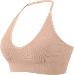 Women's Halterneck Sports Bra Backless Deep V Neck Sports Bustier Padded Sexy Gym Push Up Bra Backless Sports Bra