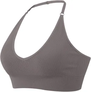 Women's Halterneck Sports Bra Backless Deep V Neck Sports Bustier Padded Sexy Gym Push Up Bra Backless Sports Bra