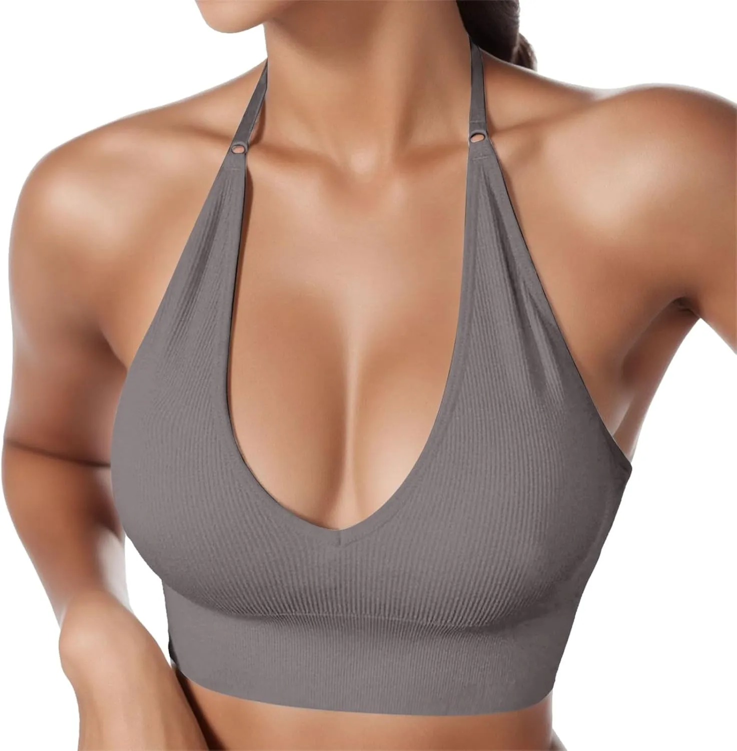 Women's Halterneck Sports Bra Backless Deep V Neck Sports Bustier Padded Sexy Gym Push Up Bra Backless Sports Bra
