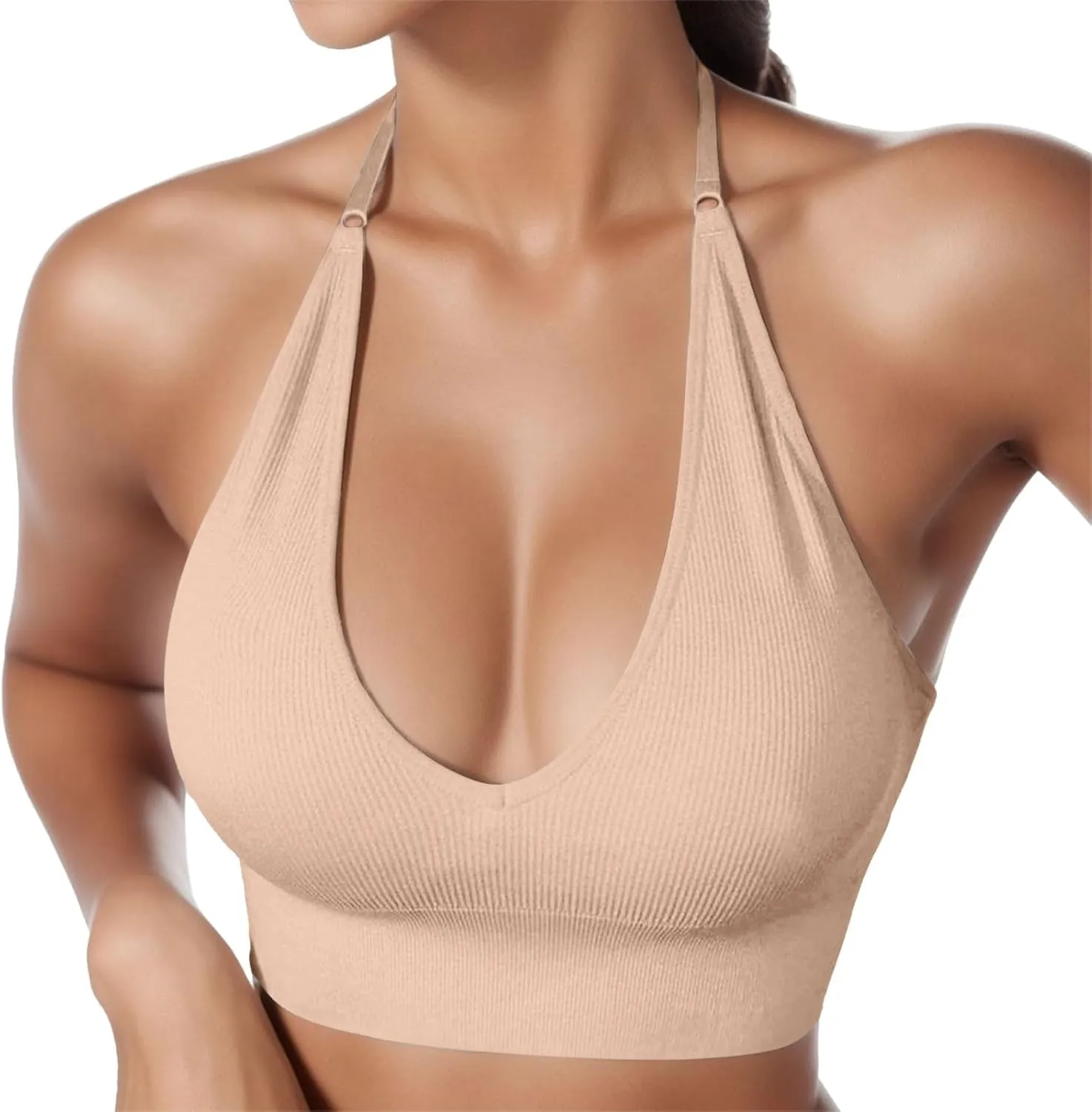 Women's Halterneck Sports Bra Backless Deep V Neck Sports Bustier Padded Sexy Gym Push Up Bra Backless Sports Bra
