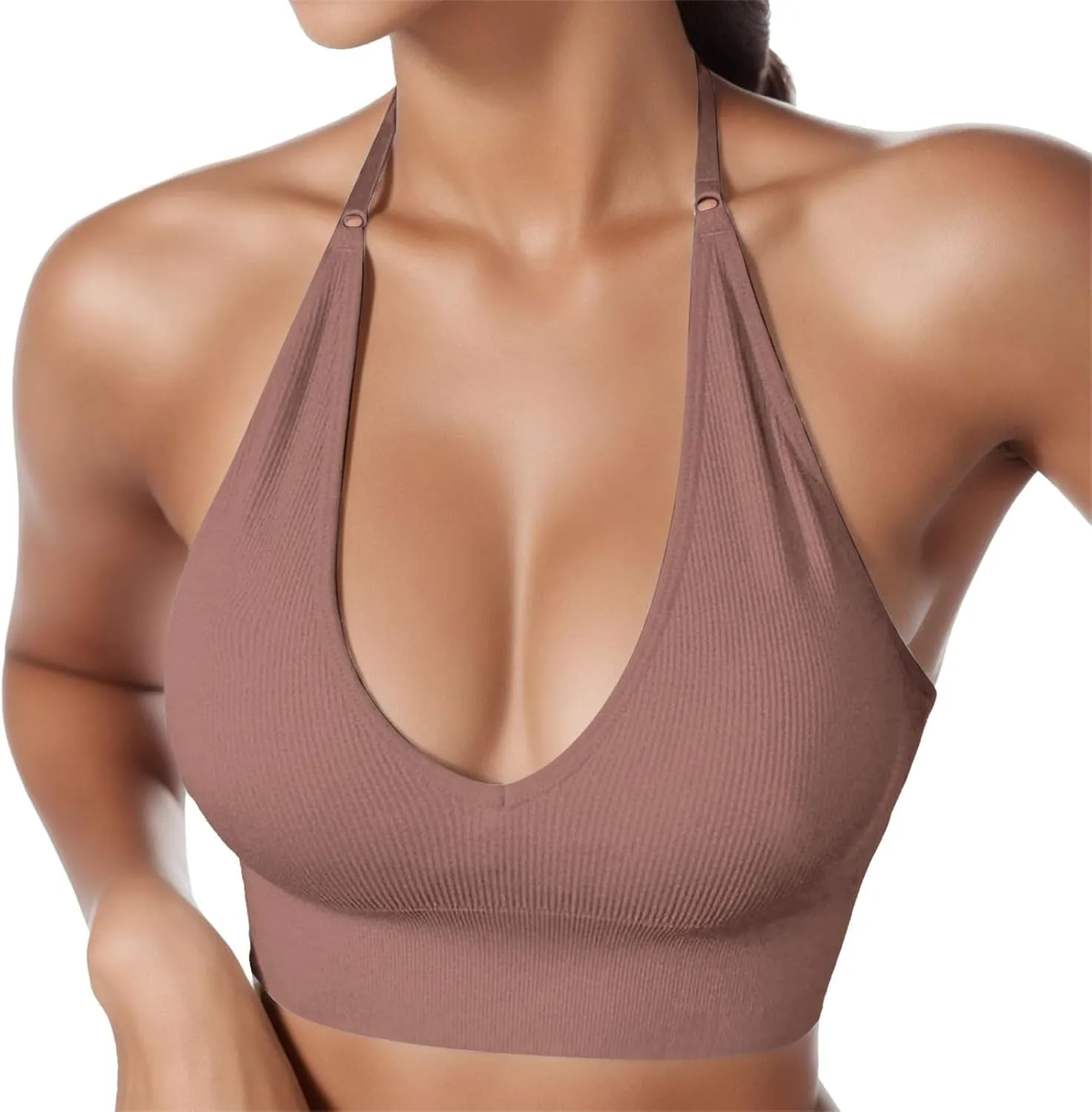 Women's Halterneck Sports Bra Backless Deep V Neck Sports Bustier Padded Sexy Gym Push Up Bra Backless Sports Bra