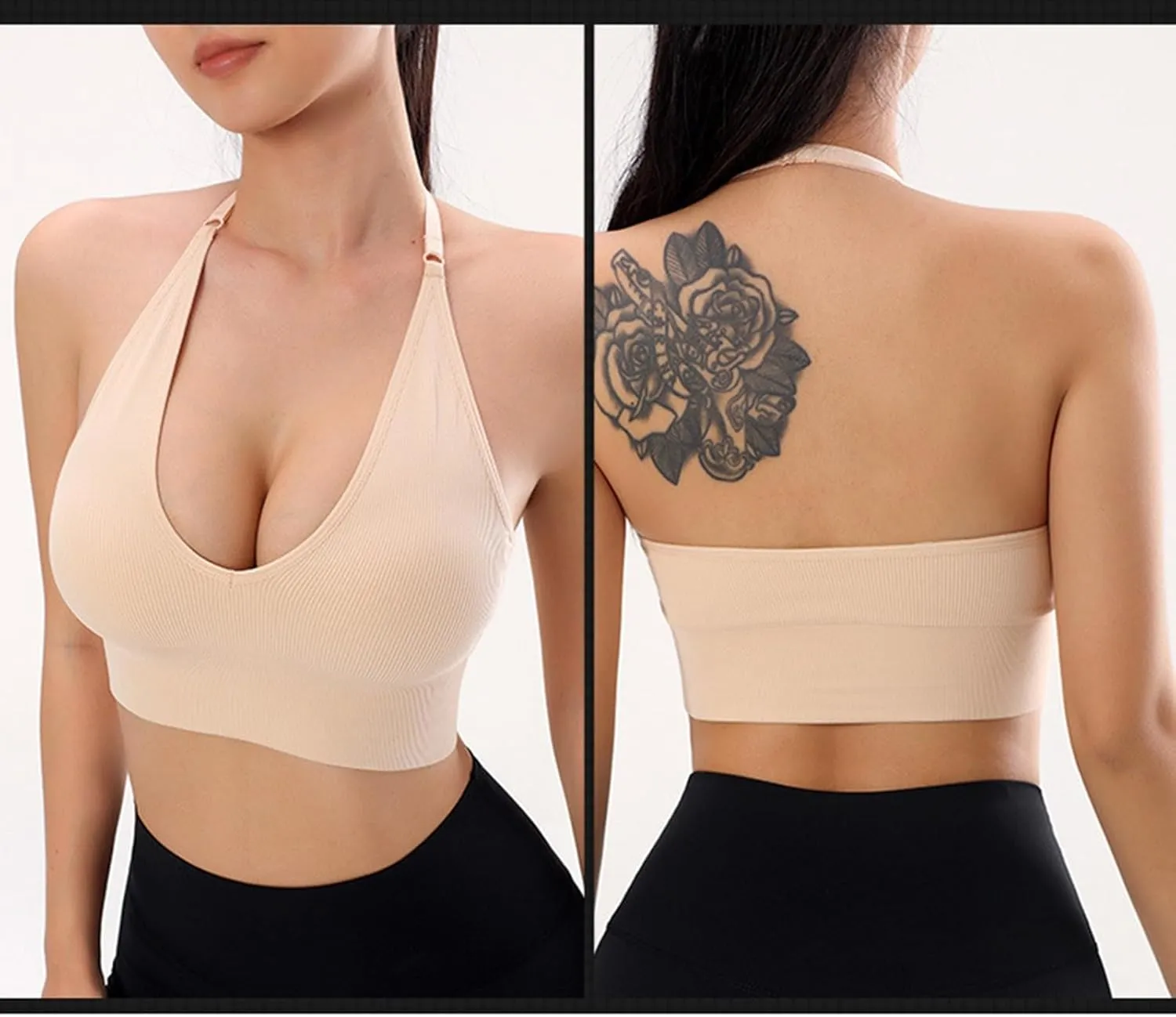 Women's Halterneck Sports Bra Backless Deep V Neck Sports Bustier Padded Sexy Gym Push Up Bra Backless Sports Bra
