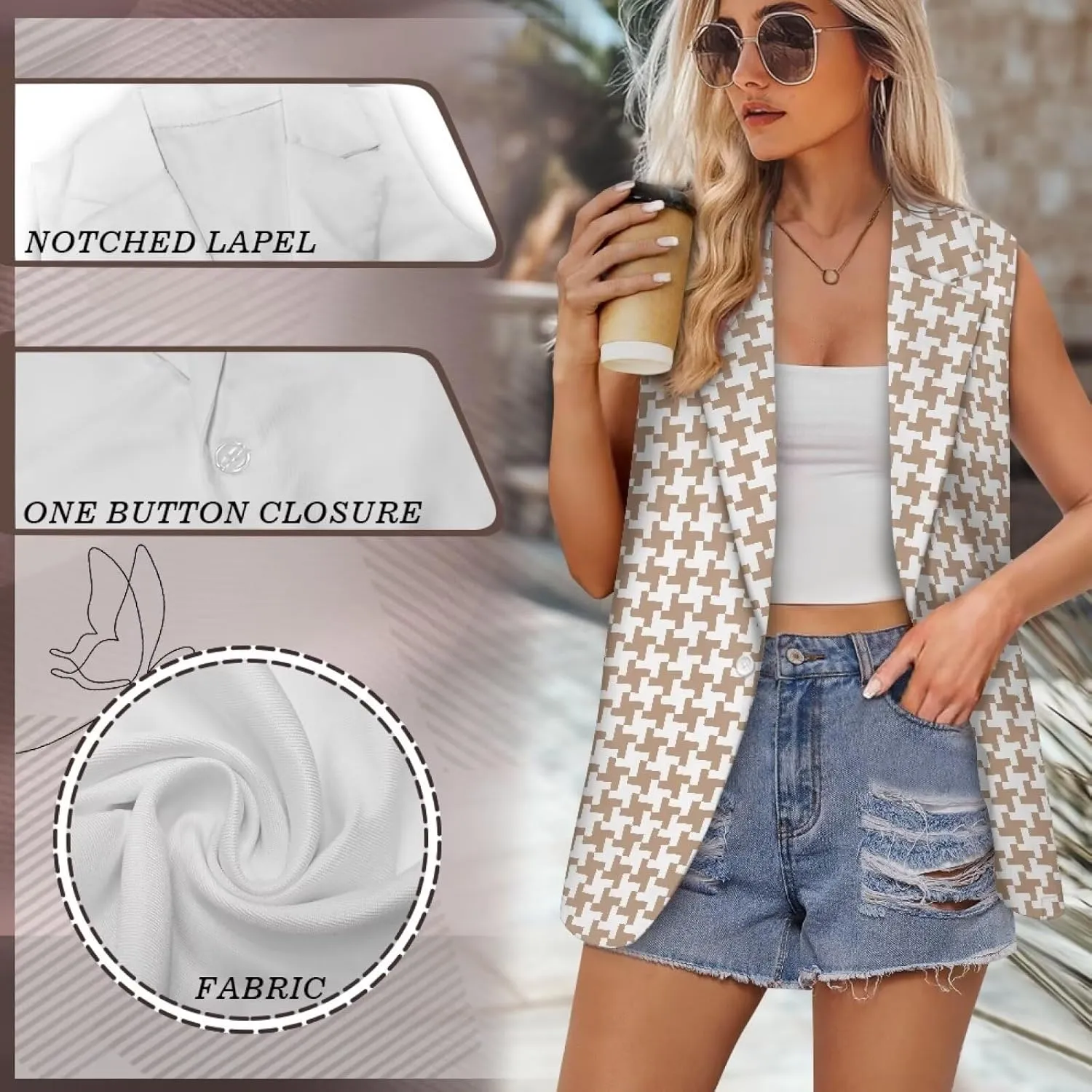 Women's Houndstooth Casual Blazer Lightweight Daily Work Wear Sports Jacket Classic Vintage Houndstooth Plaid Print