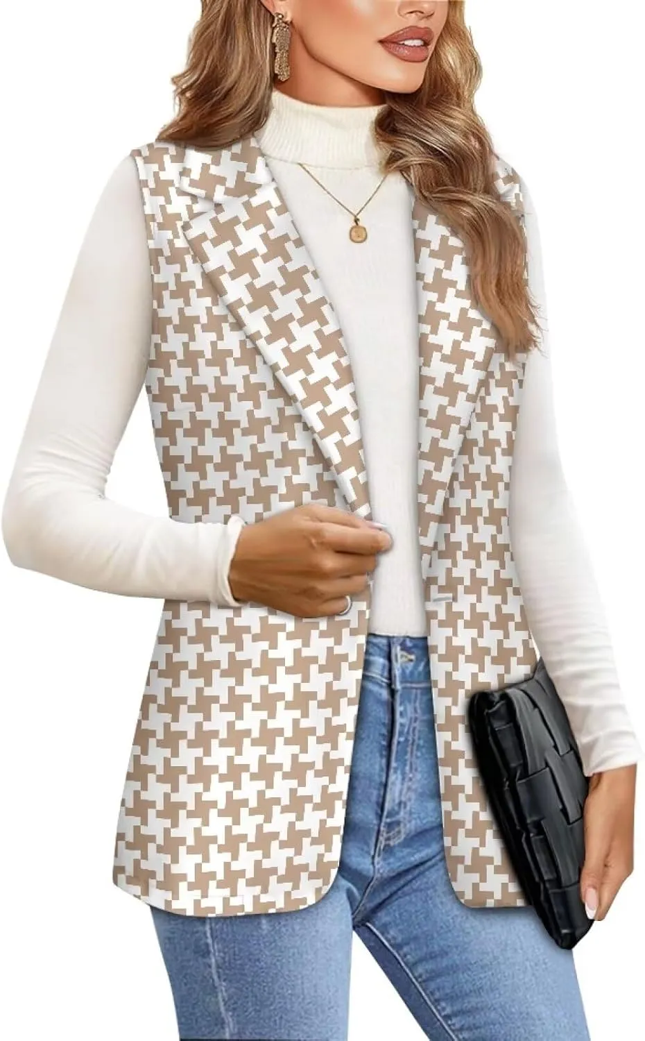 Women's Houndstooth Casual Blazer Lightweight Daily Work Wear Sports Jacket Classic Vintage Houndstooth Plaid Print