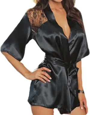 Women's Lace Patchwork Bathrobe, V Neck Bath Robe Half Sleeve Sleepwear Soft Pajamas Solid Color Nightgowns Nightwear
