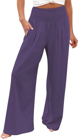 Womens Linen Wide Leg PantsSummer Casual Drawstring Elastic High Waist Trousers Resort Wear Beach Trendy Pant