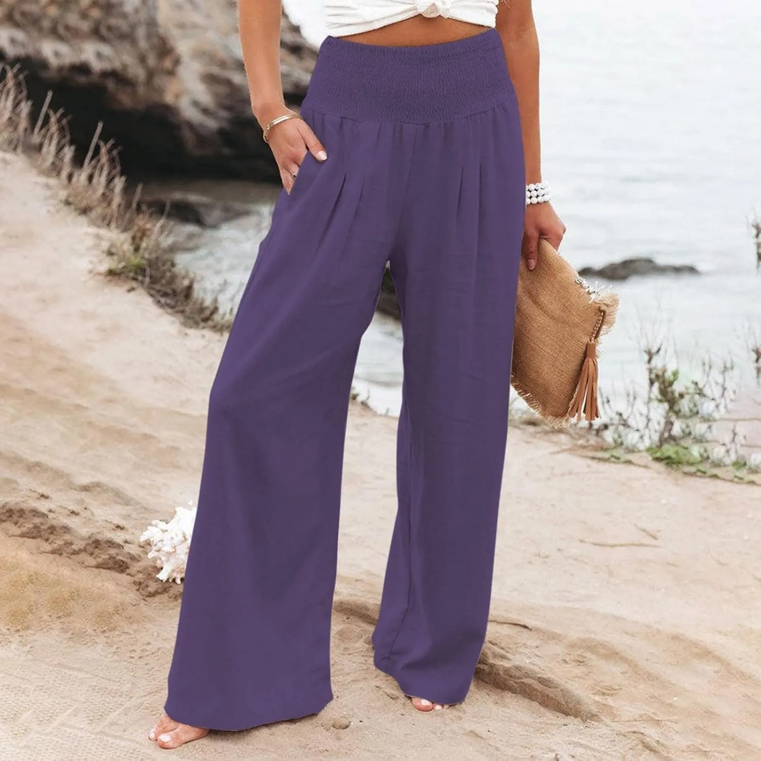 Womens Linen Wide Leg PantsSummer Casual Drawstring Elastic High Waist Trousers Resort Wear Beach Trendy Pant