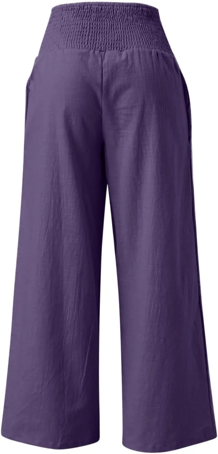 Womens Linen Wide Leg PantsSummer Casual Drawstring Elastic High Waist Trousers Resort Wear Beach Trendy Pant