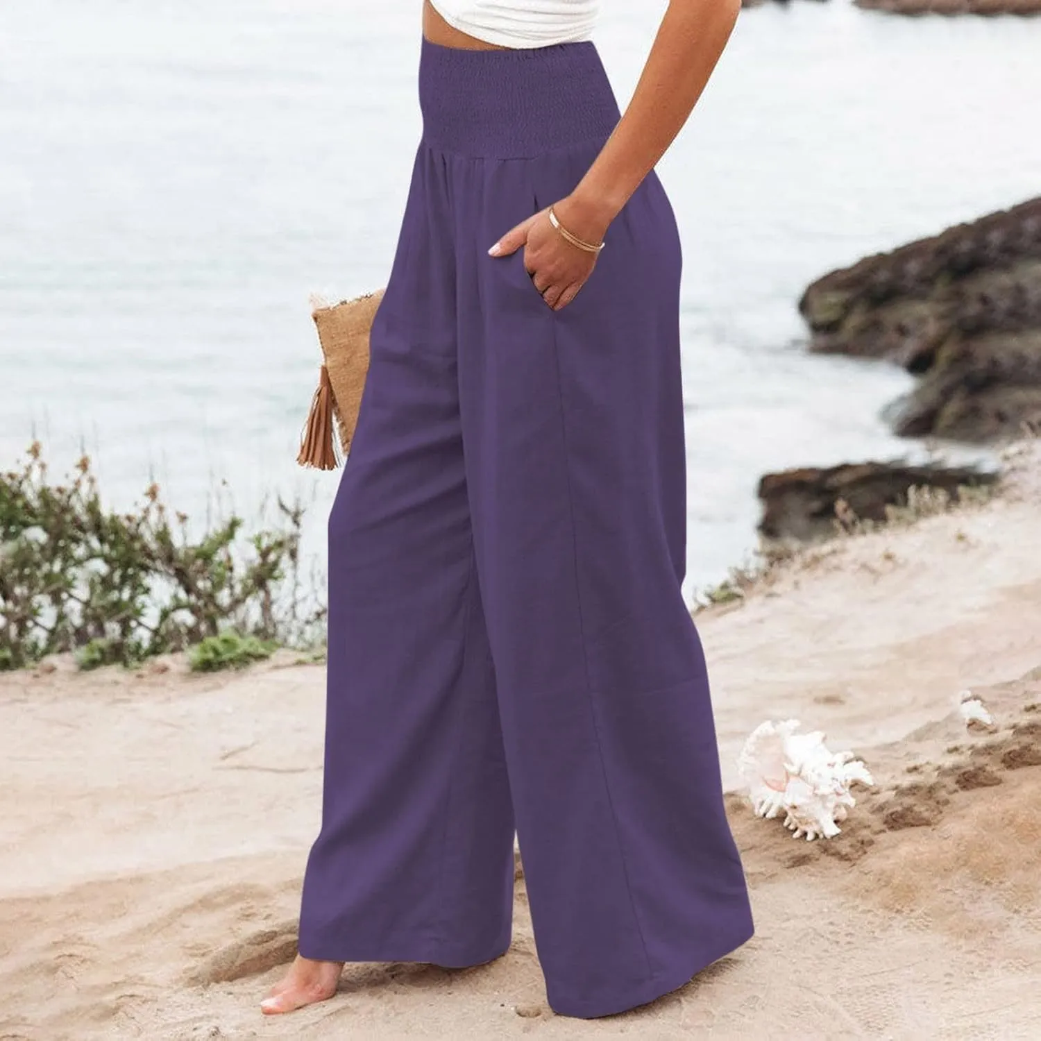 Womens Linen Wide Leg PantsSummer Casual Drawstring Elastic High Waist Trousers Resort Wear Beach Trendy Pant