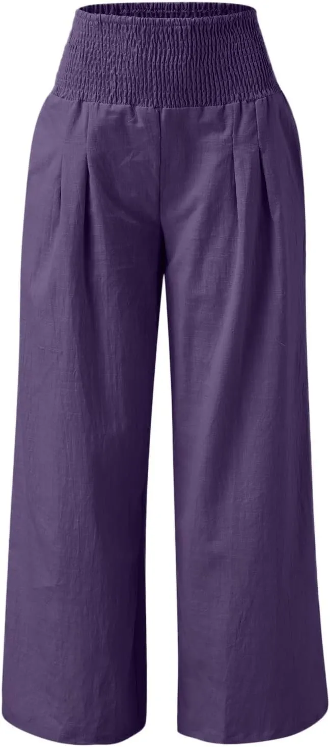 Womens Linen Wide Leg PantsSummer Casual Drawstring Elastic High Waist Trousers Resort Wear Beach Trendy Pant