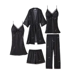 Women's New Five-Piece Imitated Silk Nightgown Suit Fashionable Home Wear with Smooth Nightdress for Sleepwearطقم نوم نسائي جديد مكون من خمس قطع من الحرير الصناعي، ملابس منزلية أنيقة مع قميص نوم ناعم لملابس النوم