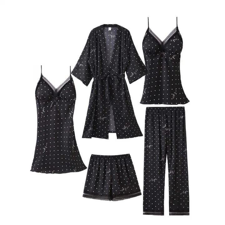 Women's New Five-Piece Imitated Silk Nightgown Suit Fashionable Home Wear with Smooth Nightdress for Sleepwearطقم نوم نسائي جديد مكون من خمس قطع من الحرير الصناعي، ملابس منزلية أنيقة مع قميص نوم ناعم لملابس النوم